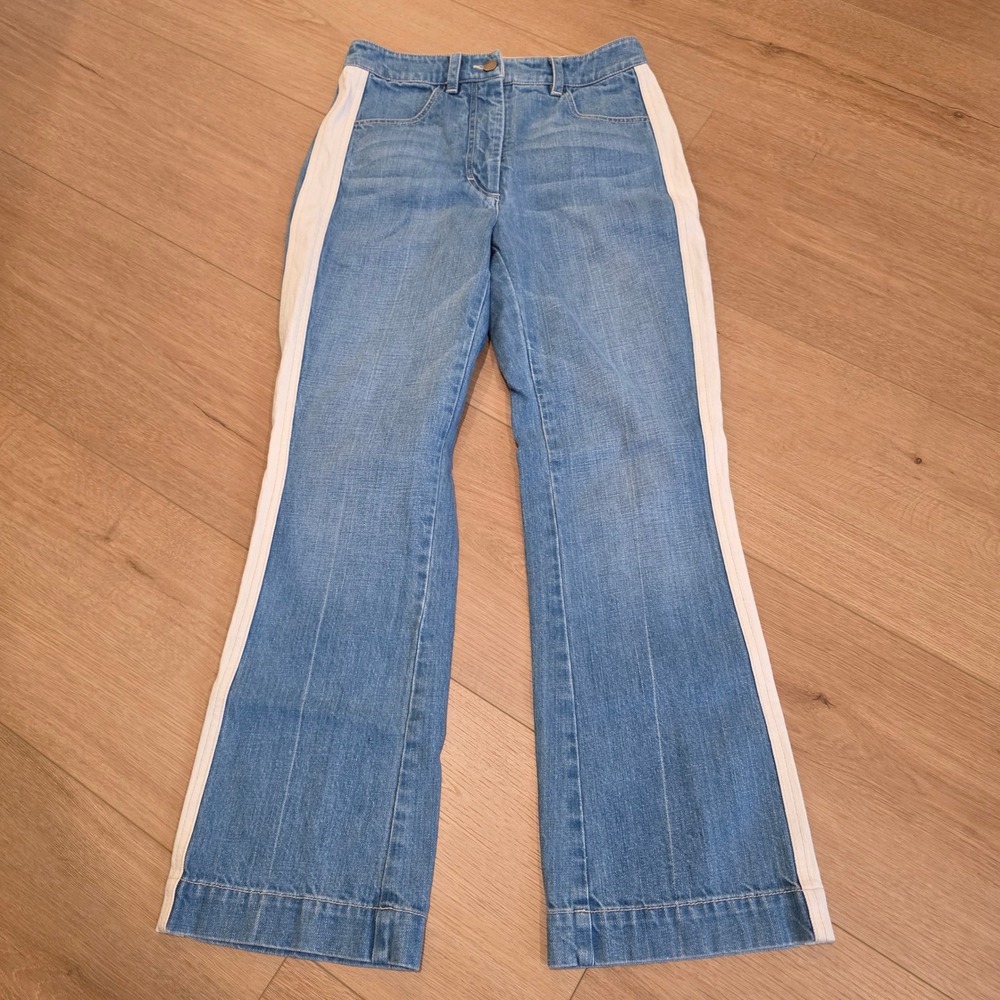 Land of Distraction Harvest Moon High Rise Side Stripe Flare Jeans Blue Women 6
